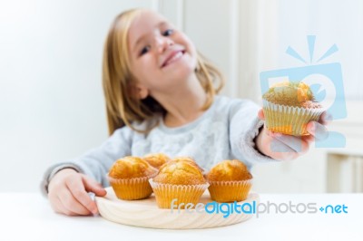 Beautiful Child Having Breakfast At Home Stock Photo