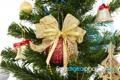 Beautiful Christmas Bubles Hanging From White Branches Stock Photo