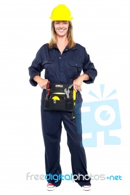 Beautiful Construction Worker With Tool Belt Stock Photo