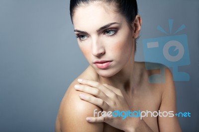 Beautiful Face Of Young Adult Woman With Clean Fresh Skin Stock Photo
