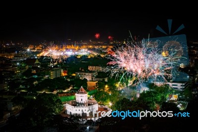 Beautiful Firewokj Night Scene Of New Year Count Down In Landmark Of Bangkok Thailand Stock Photo