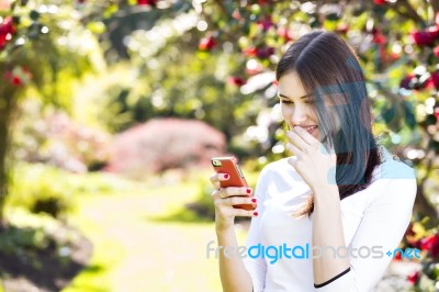 Beautiful Girl Reading Text Message On Her Smart Phone In The Ga… Stock Photo