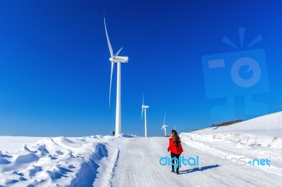 Beautiful Girl Walking In Winter Landscape Of Sky And Winter Road With Snow And Red Dress And Wind Turbine Stock Photo