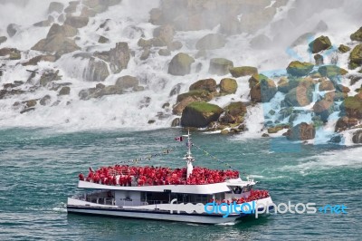 Beautiful Isolated Image Of A Ship And Amazing Niagara Waterfall… Stock Photo