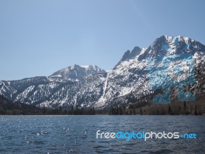 Beautiful Lake, Snow Mountain And Pine Tree Stock Photo