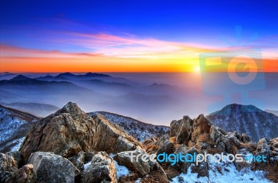Beautiful Landscape At Sunset On Deogyusan National Park In Winter,south Korea Stock Photo