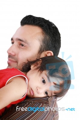 Beautiful Little Girl Hugging Embracing Her Father.  Focus In Th… Stock Photo