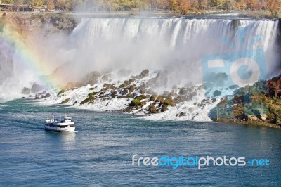 Beautiful Picture With Amazing Niagara Waterfall And A Ship Stock Photo