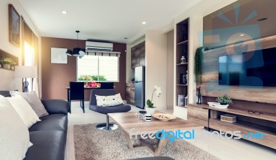 Beautiful Room Interior With Hardwood Floors And View Of New Lux… Stock Photo