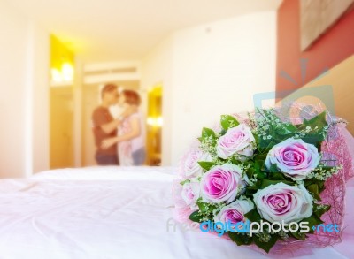 Beautiful Roses Flowers Bouquet On White Bed And Blur Sweet Love… Stock Photo