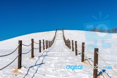 Beautiful Snow Stair Walkway And Blue Sky With Snow Covered,winter Landscape Stock Photo