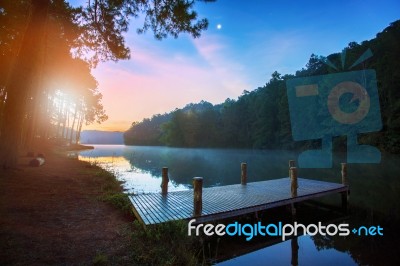 Beautiful Sun Rising Sky Scenic At Pang Ung Most Popular Traveling Destination In Mae Hong Son Northern Of Thailand Stock Photo