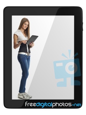 Beautiful Woman Communicate With Tablet Computer Stock Photo