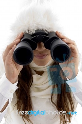 Beautiful Woman Looking Through Binocular Stock Photo