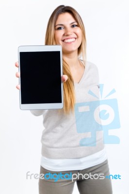Beautiful Woman Showing Digital Tablet. Isolated On White Stock Photo