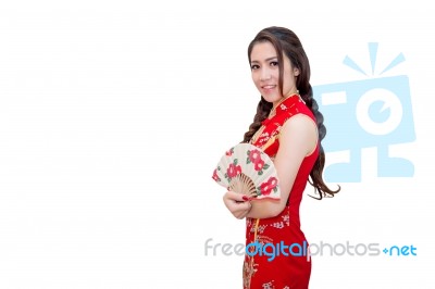 Beautiful Young Asian Woman Wearing Chinese Traditional Dress Cheongsam Or Qipao Isolated On White Background Stock Photo