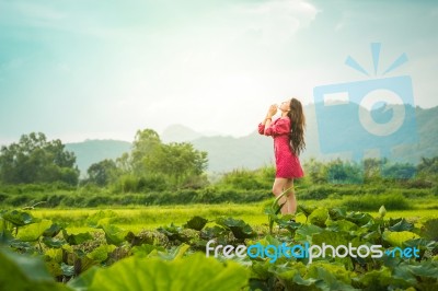 Beautiful Young Attractive  Asian Women In Red Dress On Sunrise Beautiful Nature Background Of The Mountains And Lotus Garden Image Of Happy  Camping, Travel, Lifestyle Resting , Relaxing Concept Vintage Style Stock Photo