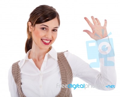 Beautiful Young Model Raising Her Open Hand Up Stock Photo