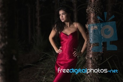 Beautiful Young Woman In The Gardens Wearing A Long Silk Red Dress Stock Photo