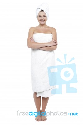 Beautiful Young Woman In Towel After Shower Stock Photo