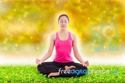 Beautiful Young Woman Practicing Yoga, Sitting In A Lotus Positi… Stock Photo