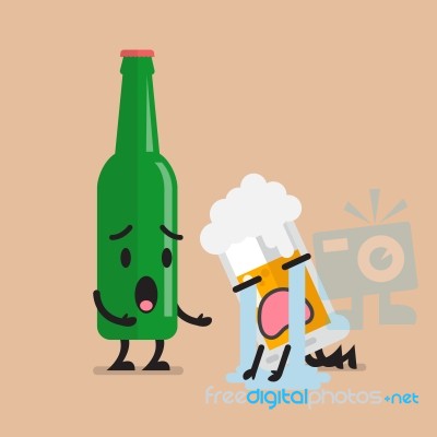 Beer Bottle Soothes Sad Glass Of Beer Character Stock Image