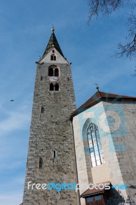 Belfry Of The Parish Church In Villanders Stock Photo