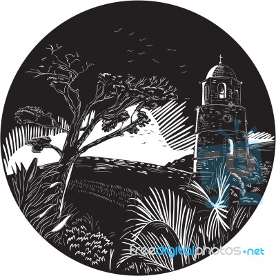 Belfry Tower On Hill Trees Circle Woodcut Stock Image