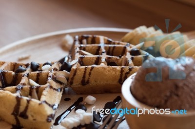 Belgian Waffles With Fruit And Chocolate, Forest Fruit, All Home… Stock Photo