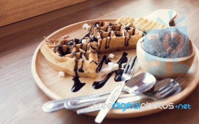 Belgian Waffles With Fruit And Chocolate, Forest Fruit, All Home… Stock Photo