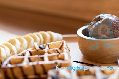 Belgian Waffles With Fruit And Chocolate, Forest Fruit, All Home… Stock Photo