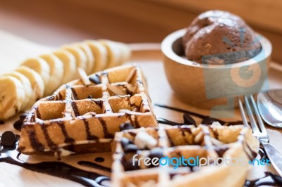 Belgian Waffles With Fruit And Chocolate, Forest Fruit, All Home… Stock Photo