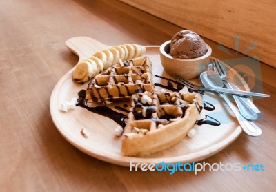 Belgian Waffles With Fruit And Chocolate, Forest Fruit, All Home… Stock Photo