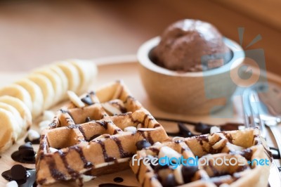 Belgian Waffles With Fruit And Chocolate, Forest Fruit, All Home… Stock Photo