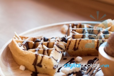 Belgian Waffles With Fruit And Chocolate, Forest Fruit, All Home… Stock Photo