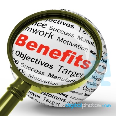 Benefits Magnifier Definition Means Advantages Or Monetary Bonus… Stock Image