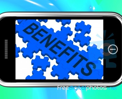 Benefits On Smartphone Shows Monetary Rewards And Bonuses Stock Image
