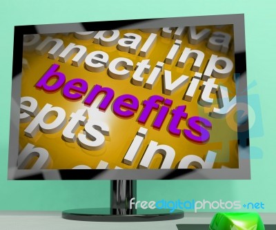 Benefits Word Cloud Screen Shows Advantage Reward Perk Stock Image