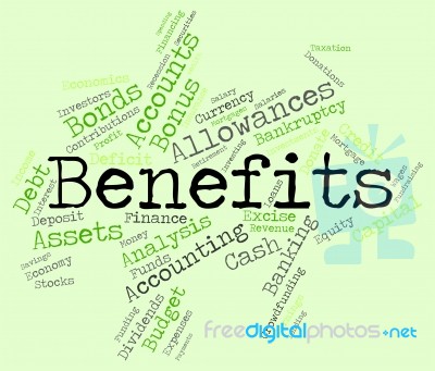 Benefits Word Indicates Reward Words And Wordcloud Stock Image