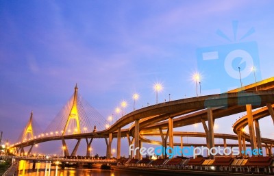 Bhumibol Bridge Under Twilight, Bangkok, Thailand Stock Photo
