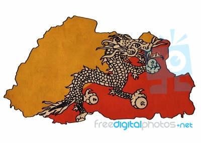Bhutan Map On Bhutan Flag Drawing ,grunge And Retro Flag Series Stock Image