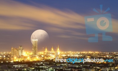 Big Moon Over Bangkok City Stock Photo