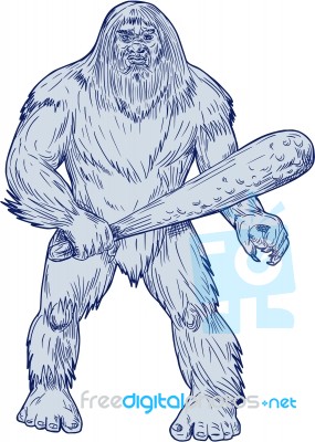 Bigfoot Holding Club Standing Drawing Stock Image