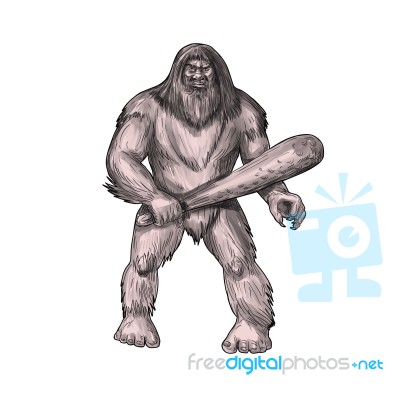 Bigfoot Holding Club Standing Tattoo Stock Image