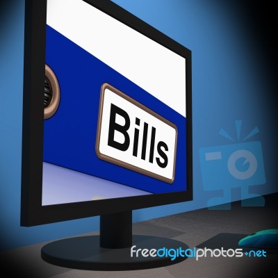 Bills On Monitor Showing Paying Expenses Stock Image