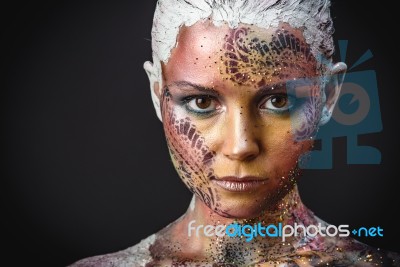 Bird Girl Fantasy Makeup Stock Photo