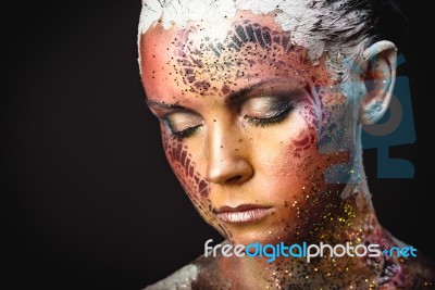 Bird Girl Fantasy Makeup Stock Photo