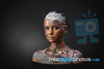 Bird Girl Fantasy Makeup Stock Photo