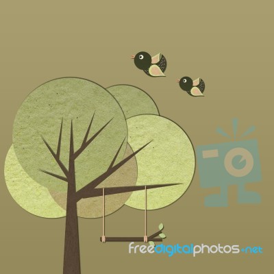 Birds Flying And Tree With Swing Stock Image