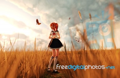 Bird's Song,3d Illustration Of A Happy Schoolgirl Walking Alone Stock Image